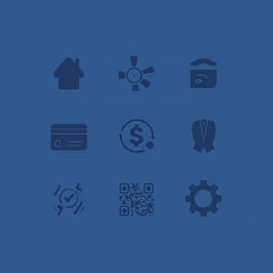 Set of 5 consistent flat design icons for a mobile banking app: 'Home', 'Transfer', 'Account', 'Scan QR', 'Settings'. Monochrome dark blue. - Minimax MiniMax Image-01