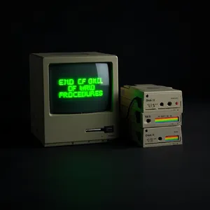 Vintage Apple II computer with green monochrome CRT screen, displaying 'END OF WORLD PROCEDURES' in green text. Two external floppy drives stacked on the right, labeled disk II with rainbow Apple logos. Beige casing, black background, retro aesthetic. - Minimax MiniMax Image-01