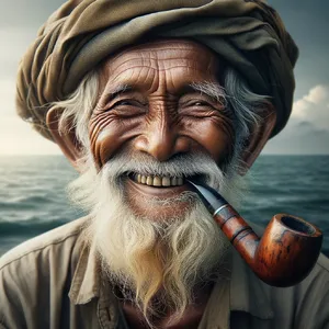 A 4K photo of an old fisherman with a weathered face and a pipe, grinning. - OpenAI DALL-E 3