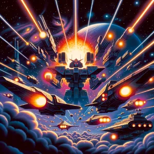 A 90s anime-style space battle scene with giant starships and laser beams. - OpenAI DALL-E 3