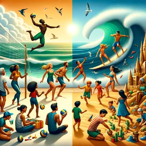 A beach scene: adults playing volleyball, kids building sandcastles, and surfers riding waves. - OpenAI DALL-E 3