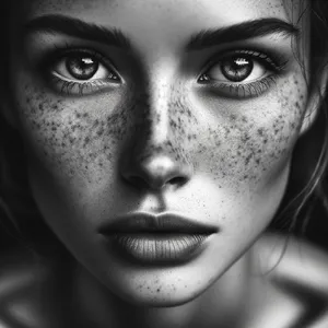 A black and white close-up portrait of a freckled woman with an intense gaze. - OpenAI DALL-E 3