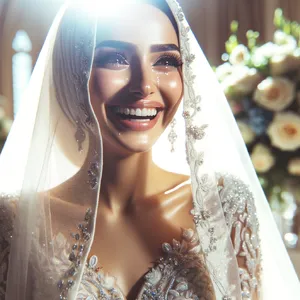 A bride on her wedding day, smiling with tears of joy in her eyes. - OpenAI DALL-E 3