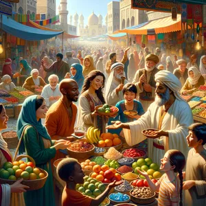 A bustling market scene with dozens of people buying and selling goods. - OpenAI DALL-E 3