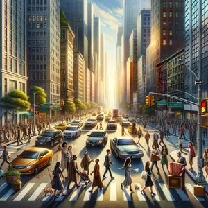 A busy city intersection with cars, pedestrians, and street performers all in one frame. - OpenAI DALL-E 3