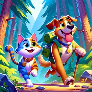 A cartoon of a cat and a dog on an adventure, drawn in a colorful 2D style. - OpenAI DALL-E 3
