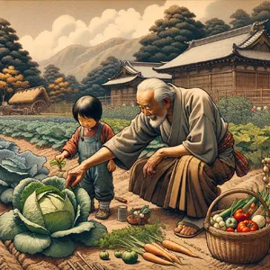 A child and elder tending oversized vegetables in a garden. Reproduce the artistic style of Studio Ghibli, with their distinctive character proportions and detailed plant illustrations. - OpenAI DALL-E 3