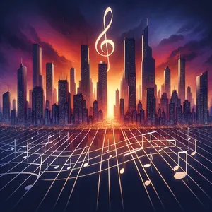 A city skyline that forms the shape of musical notes on a staff, created in a stylized graphic design aesthetic with clean architectural lines and dramatic twilight colors. - OpenAI DALL-E 3