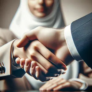 A close-up of two people shaking hands, both hands fully visible with five fingers each, in sharp focus against a blurred background. - OpenAI DALL-E 3