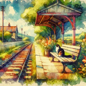 A countryside train station with a cat waiting on a bench. Rendered in Studio Ghibli animation style with Miyazaki's watercolor backgrounds and hand-drawn quality. - OpenAI DALL-E 3