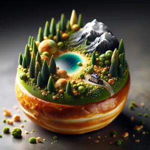 A dessert cake that looks like a tiny planet, complete with miniature trees and mountains, photographed in a professional food photography style with tilt-shift focus effect. - OpenAI DALL-E 3