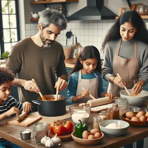 A family cooking together in a kitchen, each person busy with a different task. - OpenAI DALL-E 3