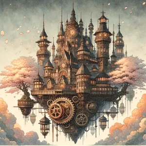 A floating steampunk castle in the sky with intricate mechanical gears and cherry blossom trees, illustrated in Hayao Miyazaki's Castle in the Sky (1986) art style with watercolor textures and detailed line work. - OpenAI DALL-E 3
