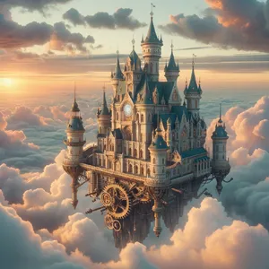 A flying castle floating in clouds at sunrise. Match the visual aesthetic of 'Howl's Moving Castle' by Studio Ghibli, with Miyazaki's blend of steampunk elements and fantasy. - OpenAI DALL-E 3