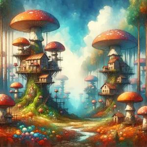 A forest of giant mushrooms with houses built on top of them, rendered in a whimsical Studio Ghibli-inspired art style with vibrant colors and fantastical details. - OpenAI DALL-E 3