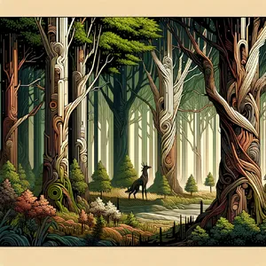 A forest spirit standing among tall trees. Replicate the artistic style of 'Princess Mononoke' by Studio Ghibli, with Miyazaki's detailed environments and mystical creature design. - OpenAI DALL-E 3