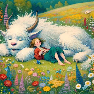 A girl and a giant fluffy creature napping in a wildflower meadow. Reproduce the art style of 'My Neighbor Totoro' by Studio Ghibli, with Miyazaki's soft character designs. - OpenAI DALL-E 3