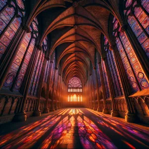 A Gothic cathedral interior at sunset with light streaming through detailed stained glass windows, creating colored patterns on stone floors and columns. Show accurate ribbed vaulting. - OpenAI DALL-E 3