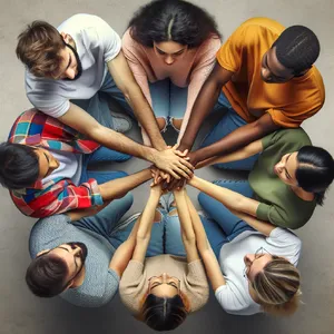 A group of five people joining hands in a circle, seen from above. - OpenAI DALL-E 3