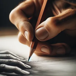 A hand drawing a sketch on paper with a pencil, the hand and pencil tip in clear focus. - OpenAI DALL-E 3