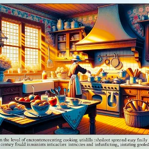 A kitchen with magical cooking implements preparing breakfast. Duplicate the artistic style of Studio Ghibli's domestic scenes, with Miyazaki's detailed settings and warm lighting. - OpenAI DALL-E 3