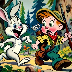A Looney Tunes-inspired cartoon scene of a clever rabbit tricking a hunter. - OpenAI DALL-E 3