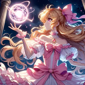 A magical girl character in a frilly dress, casting a spell (classic anime trope). - OpenAI DALL-E 3