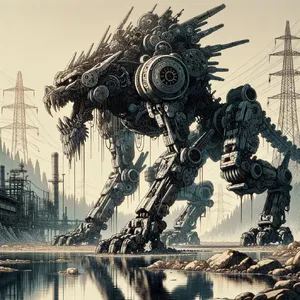 A mechanical creature in a polluted landscape. Capture the visual aesthetic of 'Nausicaä' by Studio Ghibli, with Miyazaki's mechanical designs and environmental contrast. - OpenAI DALL-E 3