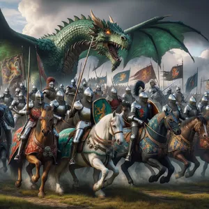 A medieval battlefield with knights on horseback and a dragon flying overhead. - OpenAI DALL-E 3