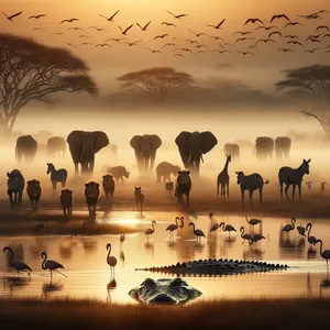 A misty dawn at an African savanna watering hole where elephants, lions, and zebras coexist in tense harmony, with a crocodile partially submerged in the foreground and flamingos taking flight in the background, golden hour lighting. - OpenAI DALL-E 3
