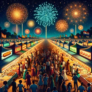 A nighttime festival with fireworks in the sky, food stalls lined up, and crowds mingling. - OpenAI DALL-E 3