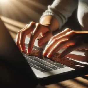 A person typing on a laptop keyboard, showing both hands on the keys. - OpenAI DALL-E 3