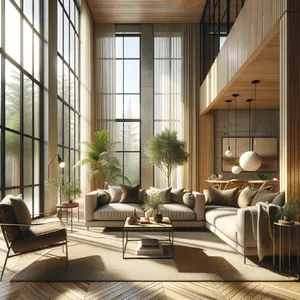 A photorealistic interior of a modern Scandinavian-style living room with natural light streaming through floor-to-ceiling windows. Show detailed wood textures, fabric materials, and proper light reflections. - OpenAI DALL-E 3