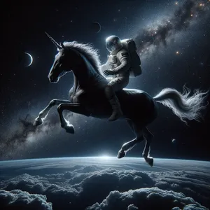 A realistic astronaut being ridden by a horse, photorealistic depiction in outer space with accurate lighting and proportions - OpenAI DALL-E 3