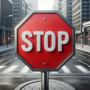 A red stop sign on a street corner displaying the word 