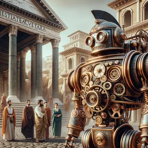 A steampunk robot time-traveling in ancient Rome, depicted in a detailed cinematic style that blends historical accuracy with copper and brass retrofuturistic aesthetics. - OpenAI DALL-E 3
