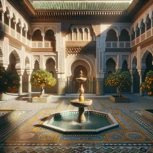 A traditional Moroccan riad courtyard with detailed zellige tilework, flowing fountain, citrus trees, and ornate woodwork. Morning light casting intricate shadow patterns. - OpenAI DALL-E 3