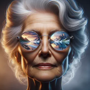 A ultra high-resolution portrait of an elderly woman with silver hair and bifocal glasses, each lens reflecting a distant landscape, captured in warm late-afternoon sunlight - OpenAI DALL-E 3