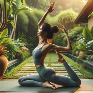 A yoga practitioner in a complex pose, arms and legs fully extended (full-body view). - OpenAI DALL-E 3
