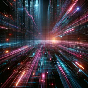 Abstract background graphic, cyberpunk aesthetic, neon pink/blue light trails on dark grid, sense of digital speed, for desktop wallpaper. - OpenAI DALL-E 3