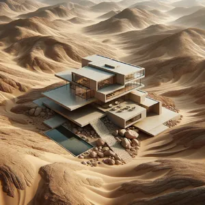 Aerial view of a modernist desert home, in the style of Frank Lloyd Wright's Fallingwater but adapted to desert conditions. Show integration with rocky landscape and water features. - OpenAI DALL-E 3