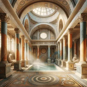 An ancient Roman bathhouse interior with accurate architectural details - marble columns, mosaic floors, arched ceilings, and steam rising from pools. Natural light from oculus openings. - OpenAI DALL-E 3