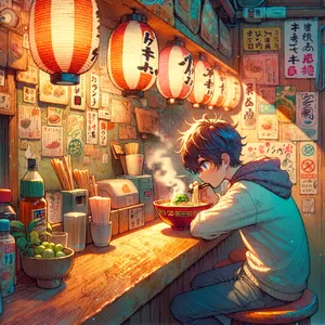 An anime scene of a character eating ramen at a small shop counter (slice-of-life style). - OpenAI DALL-E 3