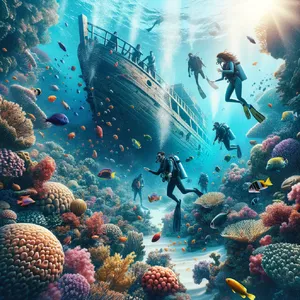 An underwater scene with scuba divers exploring a coral reef alongside colorful fish and a sunken ship. - OpenAI DALL-E 3