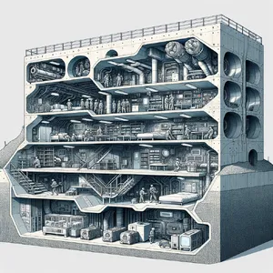 Cross-section rendering of a multi-level underground bunker with different functional areas, structural support systems, ventilation, and power generation facilities visible. - OpenAI DALL-E 3