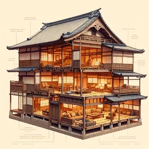Cutaway architectural drawing of a traditional Japanese machiya townhouse showing all rooms and structural elements. Include accurate proportions, traditional joinery, and typical spatial organization. - OpenAI DALL-E 3