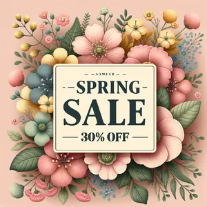 Instagram post graphic: 'SPRING SALE 30% OFF'. Floral background, pastel colors, elegant serif font style visually integrated. - OpenAI DALL-E 3