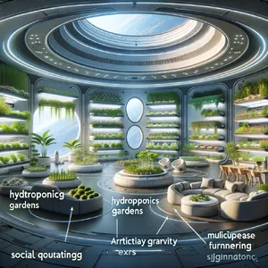 Interior of a futuristic space habitat with hydroponics gardens, communal areas, and living quarters. Show curved walls, artificial gravity considerations, and multipurpose furniture designs. - OpenAI DALL-E 3