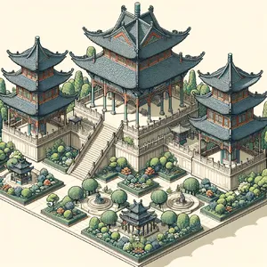 Isometric architectural illustration of an ancient Chinese temple complex showing multiple pavilions, gardens, and ceremonial spaces. Include proper roof structures and traditional ornamentation. - OpenAI DALL-E 3