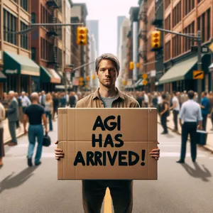 Photorealistic daytime street photograph, clearly showing a man standing still on a busy urban street corner holding a rectangular cardboard sign clearly facing camera, handwritten bold black marker text clearly readable as 